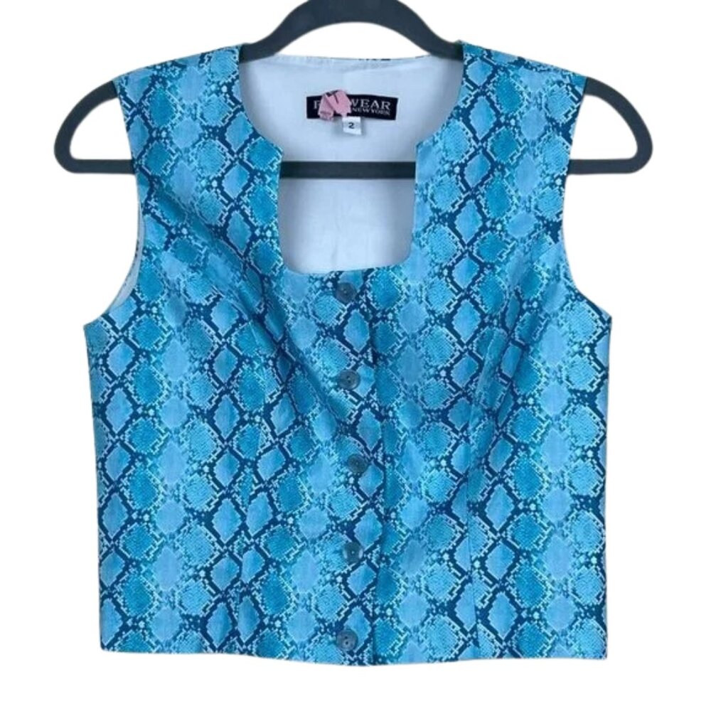 Forwear New York Blue Snakeskin Print Button Down Sleeveless Top